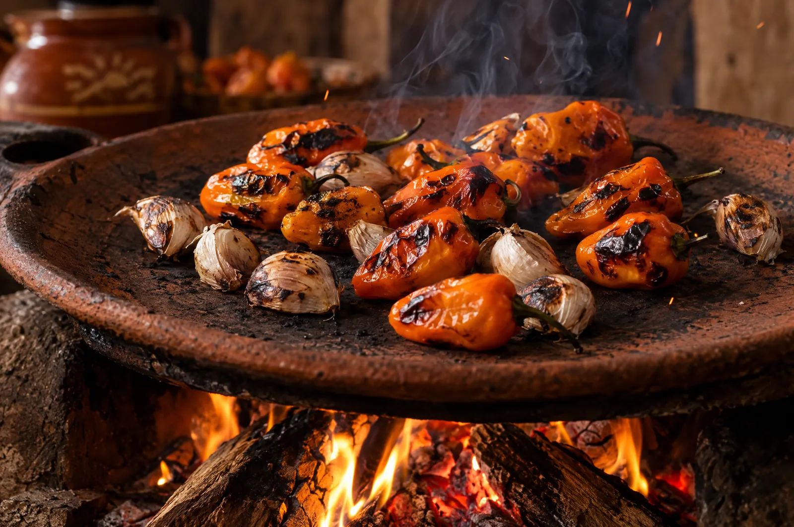 Habanero chiles and garlic cloves charring on a clay comal over a wood fire.