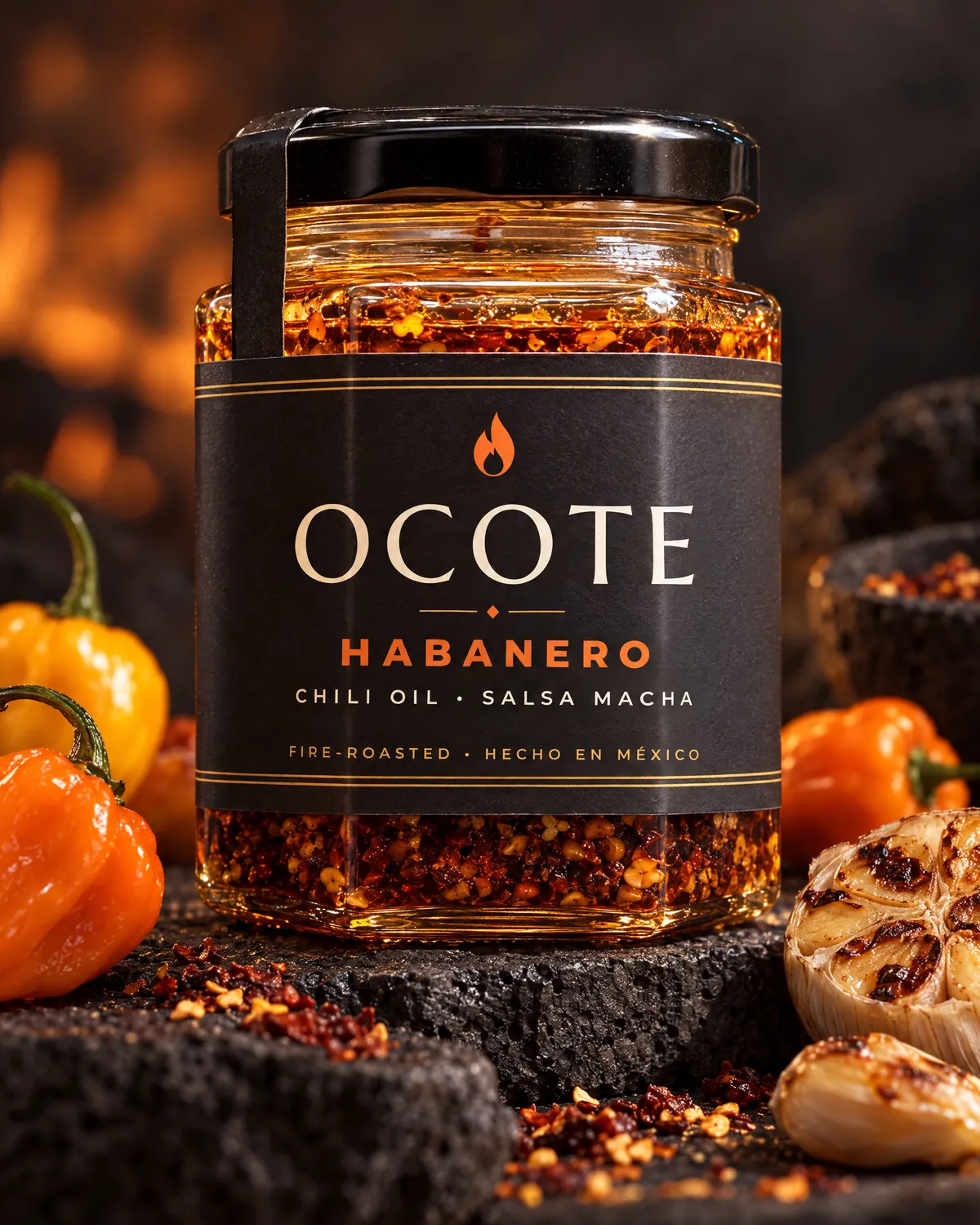 A hexagonal glass jar of OCOTE habanero chili oil with a black lid, crunchy chile crisp under glowing orange oil, beside fresh habaneros and roasted garlic.