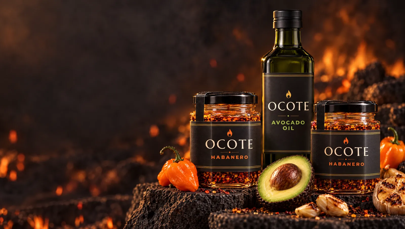Two jars of OCOTE habanero chili oil and a bottle of OCOTE organic avocado oil on volcanic stone, with fresh habaneros, a halved avocado and roasted garlic.