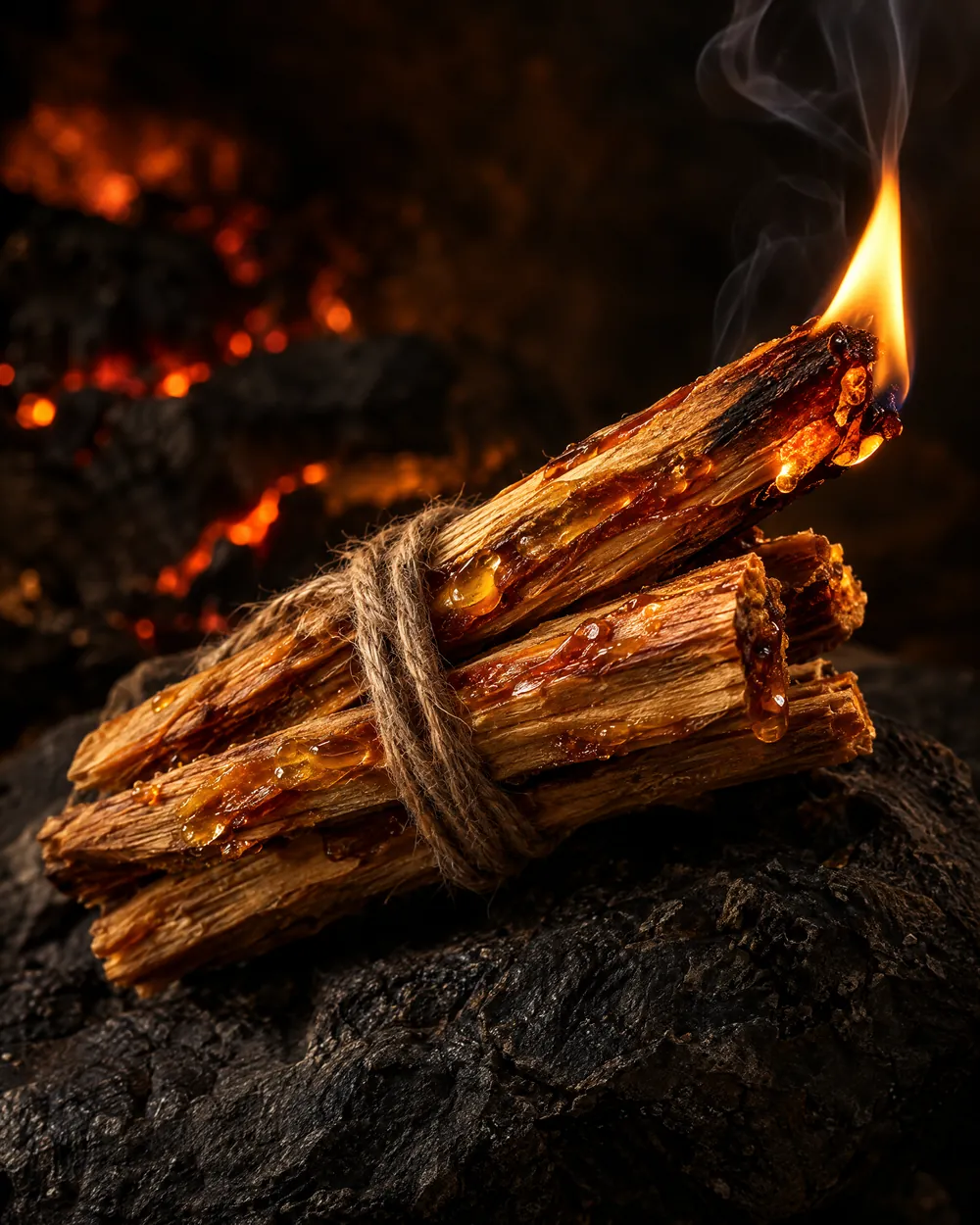 A bundle of ocote pine kindling, glistening with amber resin, catching a small flame.