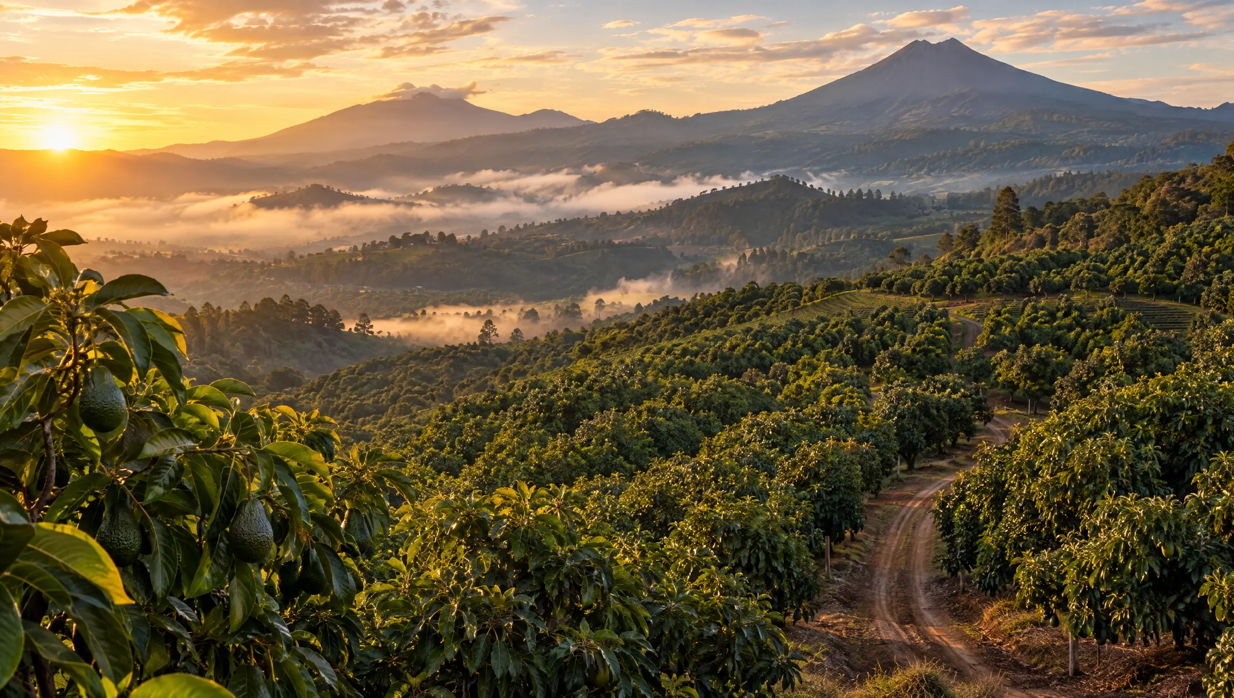 Avocado orchards on the volcanic highlands of Michoacán at sunrise, with mist in the valleys.
