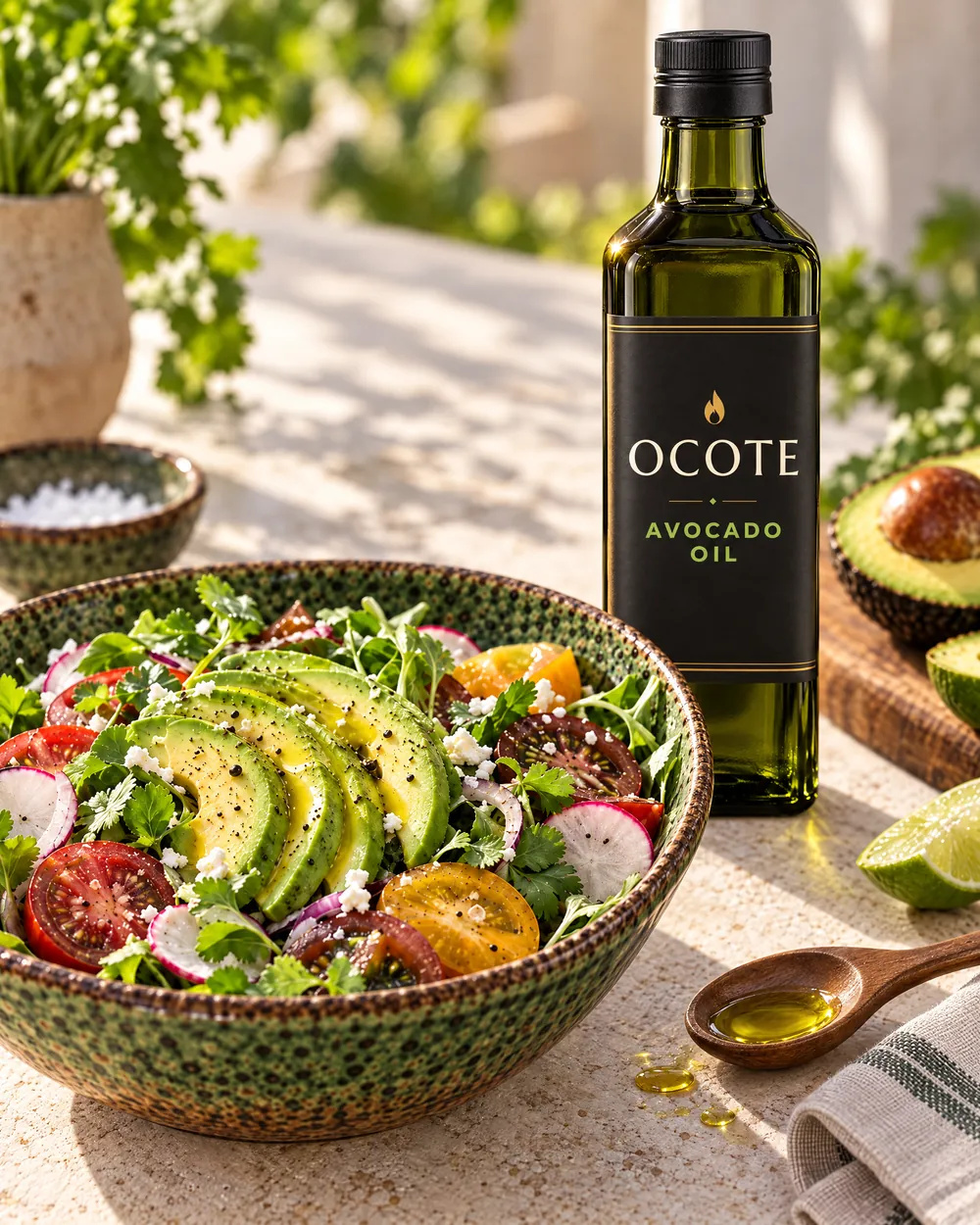 A bottle of OCOTE avocado oil beside an avocado and tomato salad in a green pottery bowl, with a spoonful of oil.