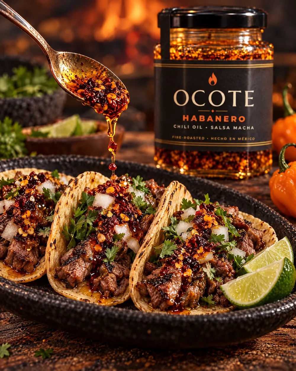 A spoon drizzling OCOTE habanero chili oil over carne asada tacos, with the jar behind.