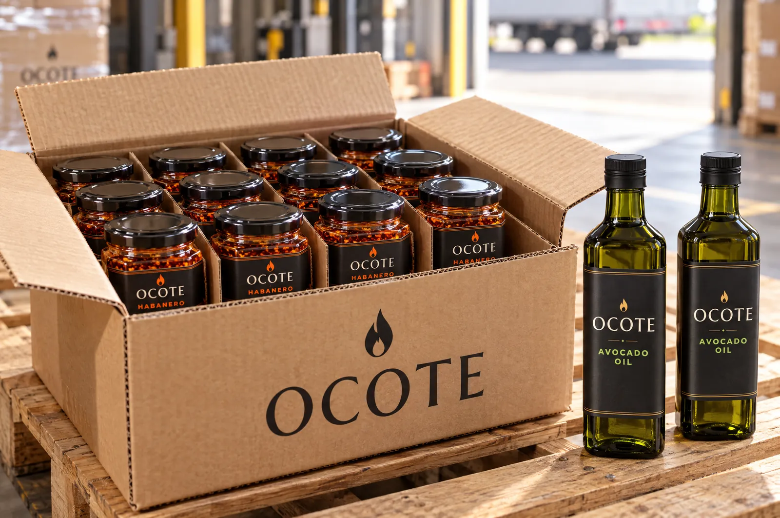 An OCOTE shipping case filled with habanero chili oil jars on a pallet, with two bottles of OCOTE avocado oil beside it.